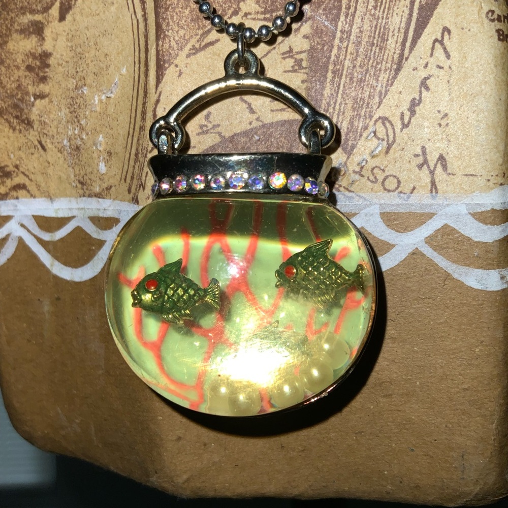Vintage Betsey Johnson Fishbowl Pendant Necklace with Gold Fish and Yellow Beads - Picture 2 of 5